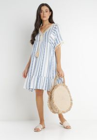 Born2be - Niebieska Sukienka Sophoreia. Kolor: niebieski. Długość rękawa: krótki rękaw. Wzór: aplikacja, paski. Typ sukienki: rozkloszowane. Styl: boho #6