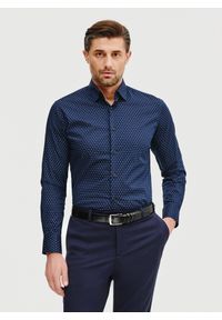 Pako Lorente - PAKO LORENTE – Granatowa koszula męska w mikrowzór. Kolor: niebieski. Materiał: bawełna, elastan. Długość rękawa: długi rękaw. Długość: długie. Sezon: wiosna, lato