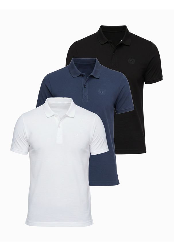 Ombre Clothing - Komplet męskich bawełnianych t-shirtów polo BASIC – czarny/granatowy/biały V1 - Rozmiar: S. Okazja: na co dzień. Typ kołnierza: polo. Kolor: biały. Materiał: bawełna. Długość rękawa: krótki rękaw. Długość: krótkie. Wzór: haft. Styl: casual, klasyczny