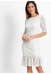 Sukienka koronkowa z falbaną w dolnej części bonprix biel wełny. Kolor: biały. Materiał: wełna, koronka. Wzór: koronka #3