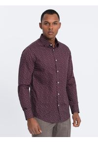 Ombre Clothing - Koszula męska bawełniana we wzory SLIM FIT - bordowa V5 - Rozmiar: M. Kolor: czerwony. Materiał: bawełna. Styl: klasyczny