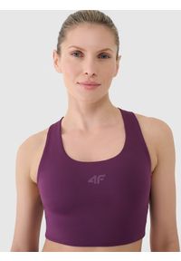 4f - 4F Biustonosz treningowy z niskim wsparciem damski - fioletowy S. Kolor: fioletowy. Materiał: dzianina, elastan, włókno, syntetyk, materiał, guma. Rodzaj stanika: wyciągane miseczki. Wzór: gładki, jednolity, ze splotem. Sport: fitness, joga i pilates #2