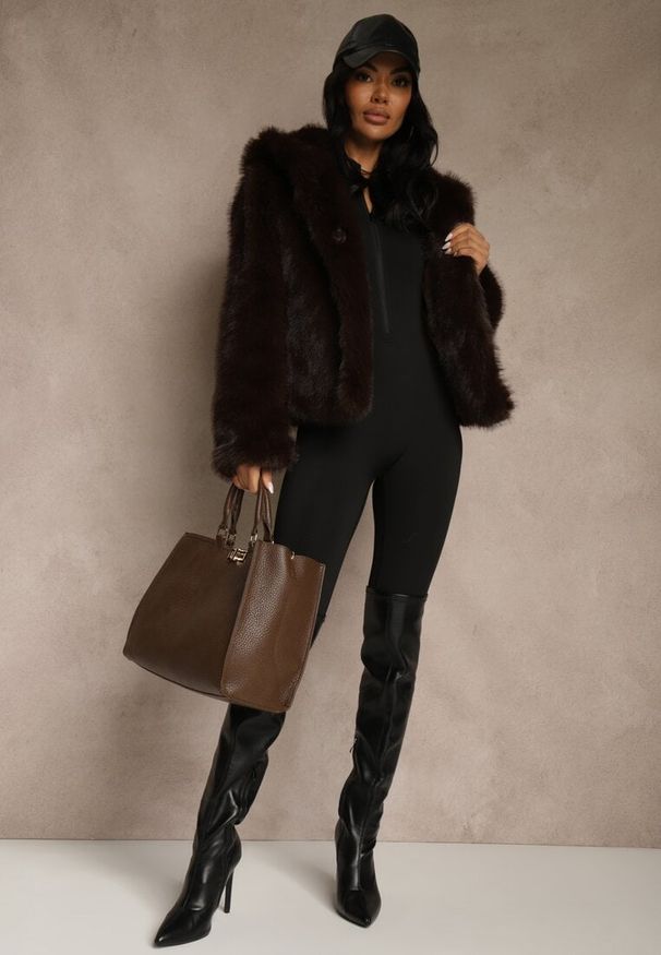 Renee - Brązowa Kurtka Futerko z Nieodpinanym Kapturem Vetisala. Okazja: na co dzień. Kolor: brązowy. Materiał: futro. Styl: casual, elegancki