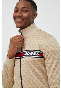 Guess bluza męska kolor beżowy z aplikacją. Kolor: beżowy. Materiał: dzianina. Wzór: aplikacja #2