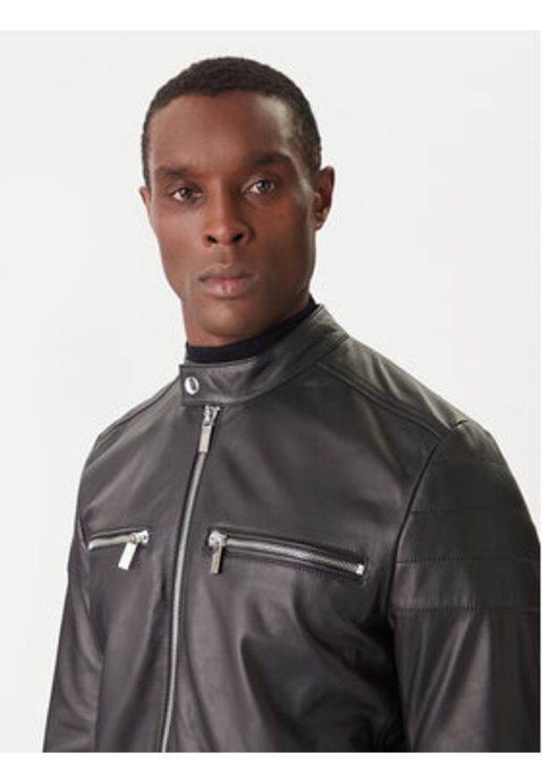 Karl Lagerfeld - KARL LAGERFELD Kurtka skórzana 555022 554421 Czarny Slim Fit. Typ kołnierza: dekolt w karo. Kolor: czarny. Materiał: skóra