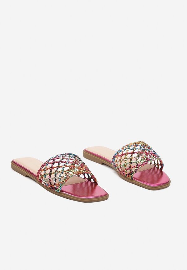Born2be - Fuksjowe Klapki na Płaskiej Podeszwie z Plecioną Cholewką Nellesa. Okazja: na spacer. Kolor: różowy. Materiał: jeans, len. Sezon: lato. Obcas: na płaskiej podeszwie. Styl: wizytowy, elegancki. Wysokość obcasa: niski