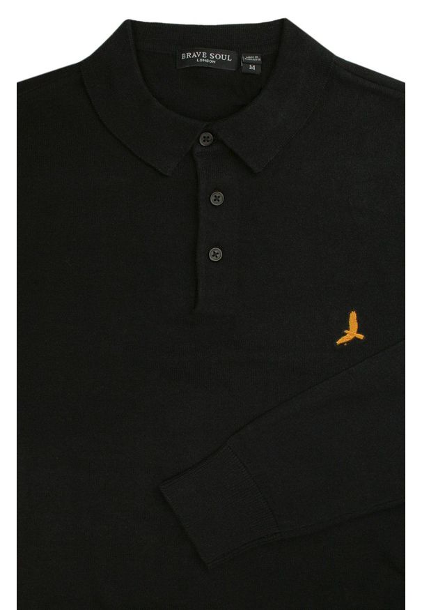 Dzianinowy Lekki Sweter w Stylu Longsleeve Polo – Brave Soul - Czarny. Typ kołnierza: polo. Kolor: czarny. Materiał: bawełna. Długość rękawa: długi rękaw. Sezon: jesień, wiosna