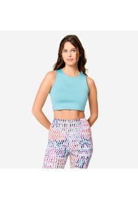 DOMYOS - Koszulka fitness damska Domyos bez rękawów crop top. Kolor: niebieski. Materiał: materiał, poliester, elastan. Długość rękawa: bez rękawów. Sport: fitness