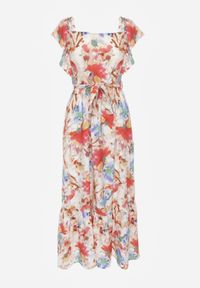 Renee - Beżowo-Różowa Kwiecista Sukienka z Wiskozy z Falbanką na Ramiączkach z Materiałowym Paskiem Nuclemia. Okazja: na co dzień. Typ kołnierza: dekolt kwadratowy, kołnierz z falbankami. Kolor: beżowy. Materiał: materiał, wiskoza. Długość rękawa: na ramiączkach. Sezon: lato. Styl: casual #4