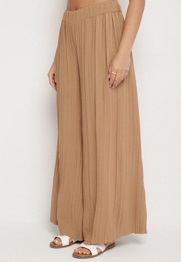 Born2be - Jasnobrązowy Komplet Bluzka z Wiązanym Paskiem i Szerokie Spodnie Dolarea. Kolor: brązowy. Wzór: aplikacja