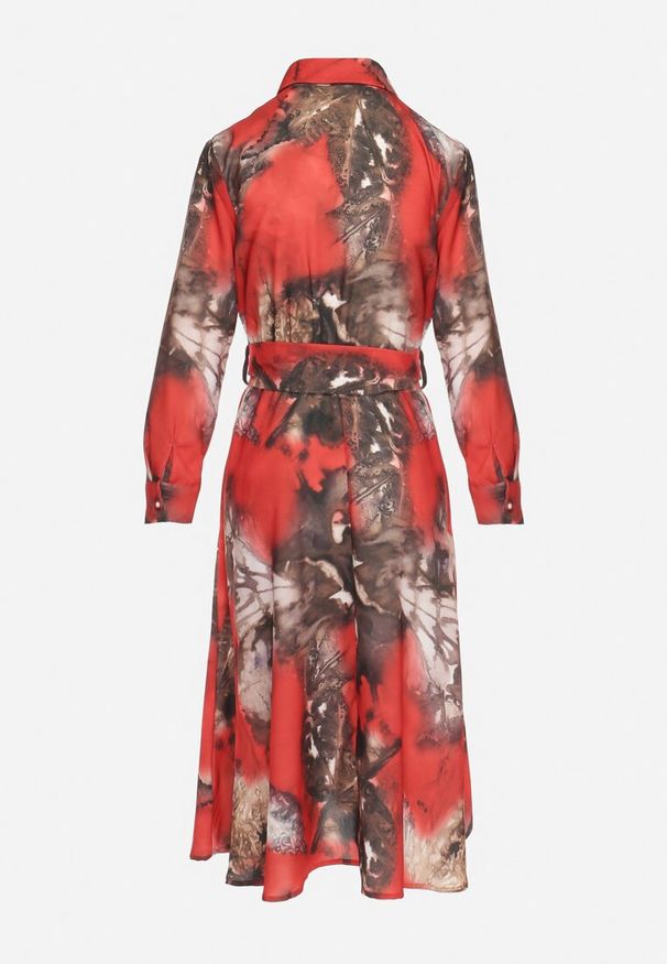 Born2be - Czerwono-Brązowa Sukienka Midi o Rozkloszowanym Kroju z Paskiem z Klamrą Olvira. Kolor: czerwony. Styl: elegancki. Długość: midi