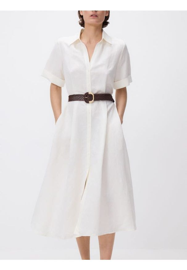 Reserved - Sukienka midi z lnem - biały. Kolor: biały. Materiał: len. Długość: midi