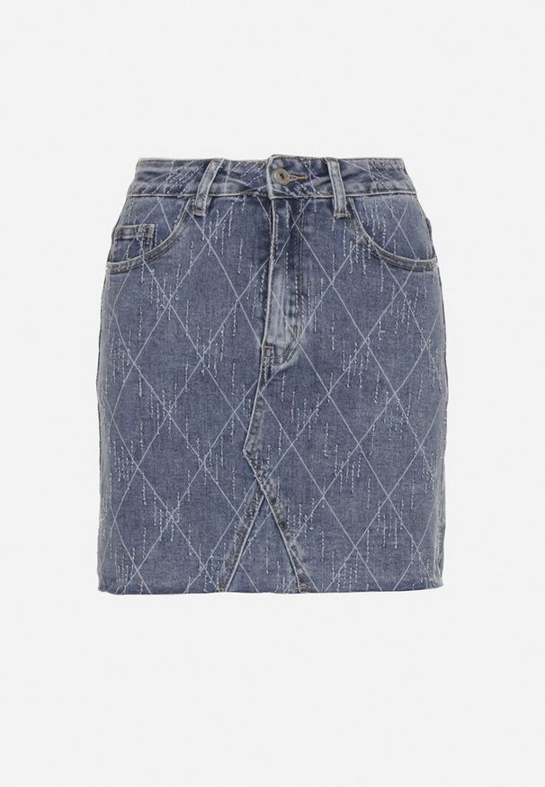 Born2be - Niebieska Bawełniana Spódnica Jeansowa z Wysokim Stanem i Przetarciami Arithwen. Okazja: na co dzień. Stan: podwyższony. Kolor: niebieski. Materiał: bawełna, jeans. Styl: elegancki, casual