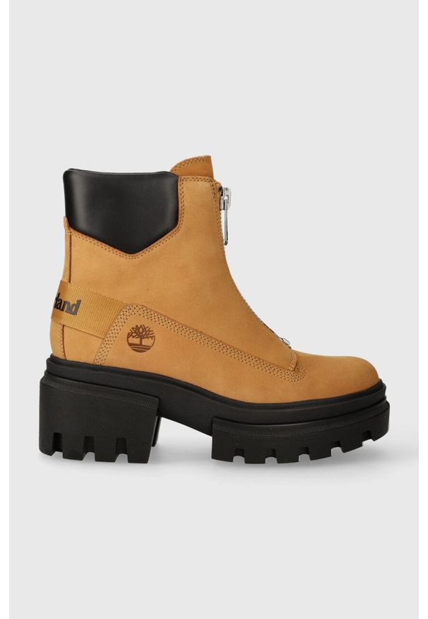 Timberland botki skórzane Everleigh Boot Front Zip damskie kolor brązowy na platformie lekko ocieplone TB0A5YHM2311. Nosek buta: okrągły. Kolor: brązowy. Materiał: skóra. Obcas: na platformie