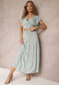 Renee - Zielony 2-częściowy Komplet Bawełniany ze Spódnicą i Kopertową Bluzką Amalitra. Kolor: zielony. Materiał: bawełna. Wzór: kwiaty #5