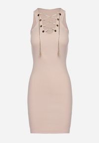 Born2be - Beżowa Bawełniana Sukienka Prążkowana z Ozdobnie Wiązanym Dekoltem Vikimarra. Okazja: na co dzień. Kolor: beżowy. Materiał: bawełna, prążkowany. Długość rękawa: krótki rękaw. Styl: wizytowy, casual, klasyczny, elegancki #7