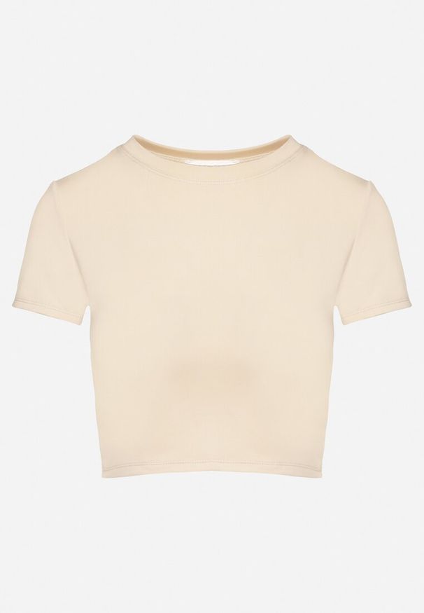 Born2be - Beżowy T-shirt z Wiskozą o Dopasowanym Kroju Typu Crop Top Folirra. Okazja: na co dzień. Kolor: beżowy. Materiał: wiskoza. Styl: casual, klasyczny