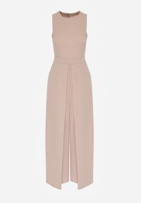 Born2be - Beżowy Elegancki Kombinezon z Ozdobnymi Zakładkami Zellysha. Okazja: na co dzień, na spotkanie biznesowe. Kolor: beżowy. Wzór: aplikacja. Styl: elegancki #3