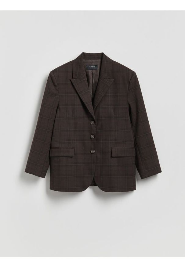 Reserved - Jednorzędowa marynarka w kratę - ciemnobrązowy. Kolor: brązowy. Materiał: tkanina, wiskoza