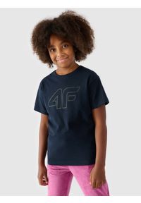 4f - 4F T-shirt oversize z nadrukiem dziewczęcy - granatowy 140 (9-10 lat). Okazja: na co dzień. Kolor: niebieski. Materiał: dzianina, bawełna, jersey. Wzór: nadruk. Sezon: lato. Styl: klasyczny, sportowy, casual