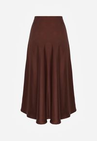 Born2be - Brązowa Rozkloszowana Midi Spódnica Satynowa Zapinana na Suwak z Gumką w Pasie Williwarne. Okazja: na co dzień, do pracy, na spotkanie biznesowe. Kolor: brązowy. Materiał: satyna. Styl: biznesowy, casual #4