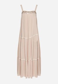 Born2be - Beżowa Wiskozowa Sukienka o Rozkloszowanym Kroju z Biżuteryjnym Zdobieniem Mevinda. Okazja: na co dzień. Kolor: beżowy. Materiał: wiskoza. Długość rękawa: na ramiączkach. Wzór: aplikacja. Styl: casual, elegancki #2