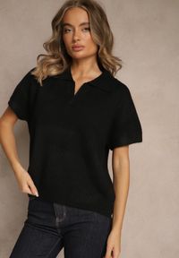 Renee - Czarny Sweter z Wełną z Krótkim Rękawem i Dekoltem V z Kołnierzem Tevirna. Kolor: czarny. Materiał: wełna. Długość rękawa: krótki rękaw. Długość: krótkie #3