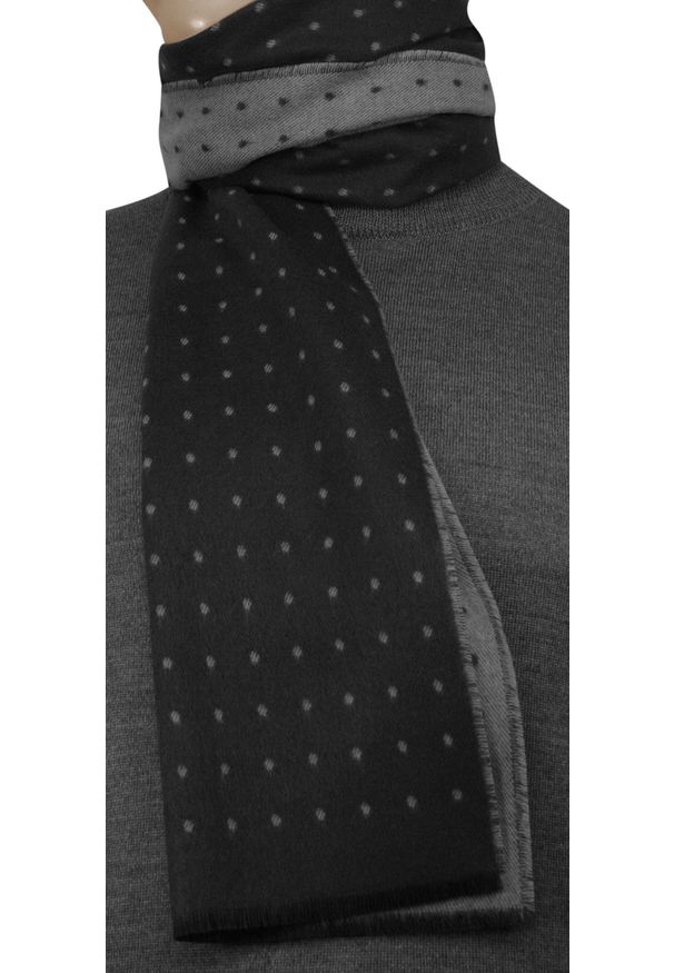 V. Fraas - Szalik Czarno-Szary w Kropki, Groszki, Miękki, Firmy V.Fraas -Cashmink- Elegancki, Męski. Kolor: czarny, szary, wielokolorowy. Materiał: wełna, akryl, poliakryl, syntetyk, materiał, tkanina. Wzór: kropki, grochy. Sezon: lato. Styl: elegancki