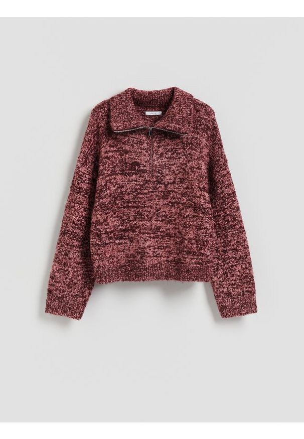Reserved - Wzorzysty sweter z kołnierzykiem - bordowy. Kolor: czerwony. Materiał: wełna, dzianina