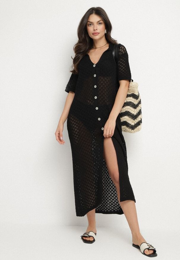 Born2be - Czarna Siateczkowa Sukienka Koszulowa z Bawełną Folaris. Okazja: na co dzień. Kolor: czarny. Materiał: bawełna. Sezon: lato. Typ sukienki: koszulowe. Styl: casual, elegancki