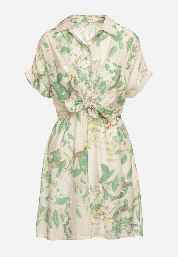 Born2be - Zielona Sukienka Taliowana z Koszulową Górą w Abstrakcyjny Wzór Namselle. Okazja: na co dzień. Kolor: beżowy. Materiał: wiskoza, jeans. Typ sukienki: koszulowe. Styl: casual, klasyczny