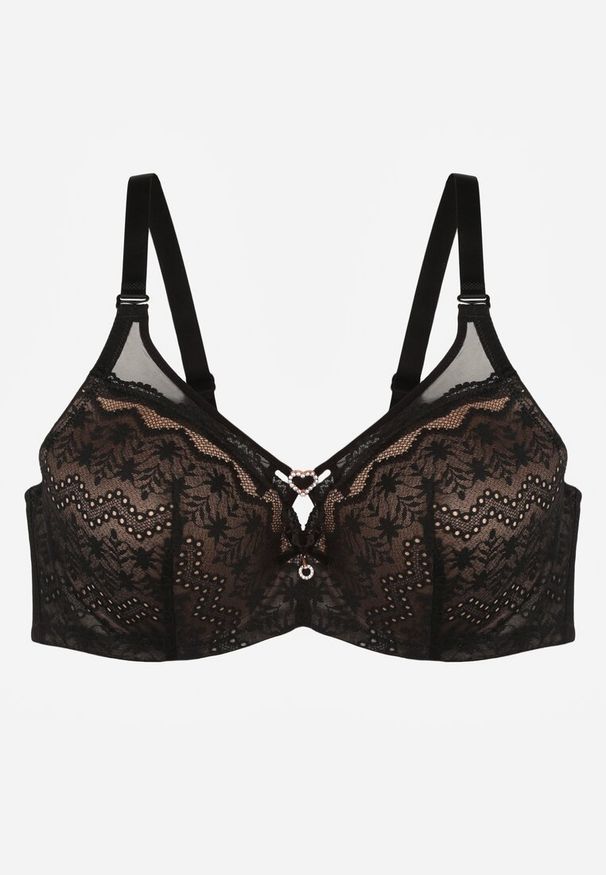 Renee - Czarno-Beżowy Biustonosz z Koronki z Sercem z Cyrkonii Adrievianna. Kolor: czarny. Materiał: koronka. Wzór: koronka