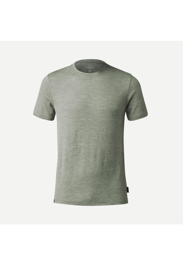 FORCLAZ - Koszulka trekkingowa z krótkim rękawem męska Forclaz Travel 500 Merino. Kolor: zielony. Materiał: wełna, materiał, akryl. Długość rękawa: krótki rękaw. Długość: krótkie. Sezon: lato, zima