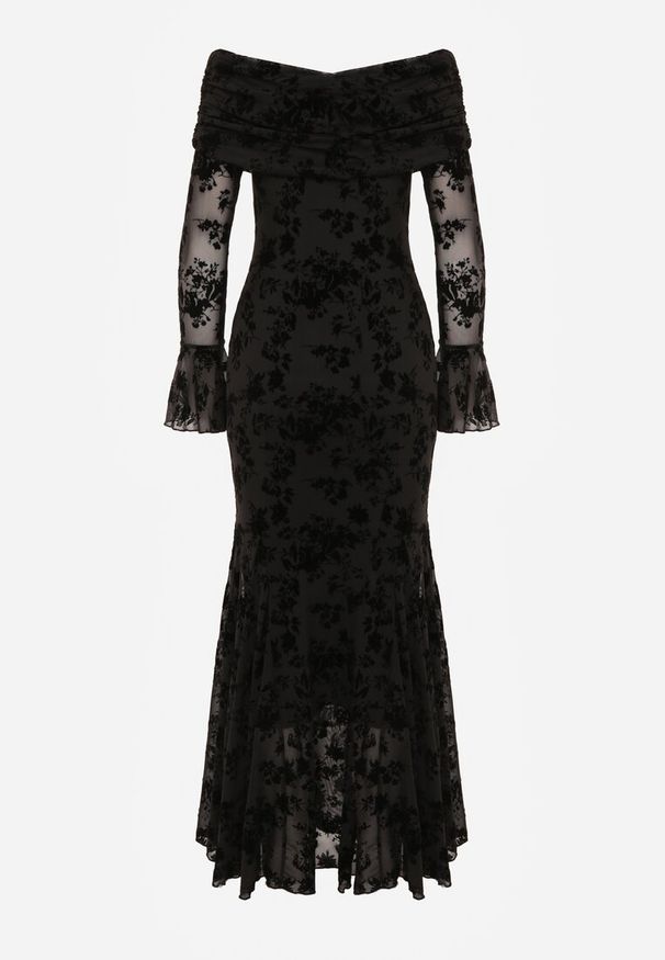 Renee - Czarna Wizytowa Sukienka VICES Off Shoulder z Kwiatowym Wzorem z Weluru Adrakharei. Okazja: na imprezę. Kolor: czarny. Materiał: welur. Wzór: kwiaty. Styl: wizytowy