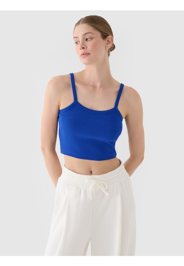 4f - 4F Crop top slim damski - niebieski L. Kolor: niebieski. Materiał: dzianina, bawełna, materiał, prążkowany, elastan. Długość rękawa: na ramiączkach. Wzór: prążki, jednolity