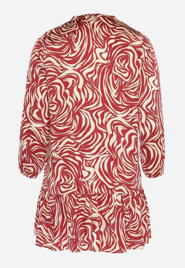 Born2be - Bordowa-Beżowa Sukienka Mini z Falbanką i Abstrakcyjnym Wzorem Ovina. Kolor: czerwony. Długość rękawa: długi rękaw. Długość: mini