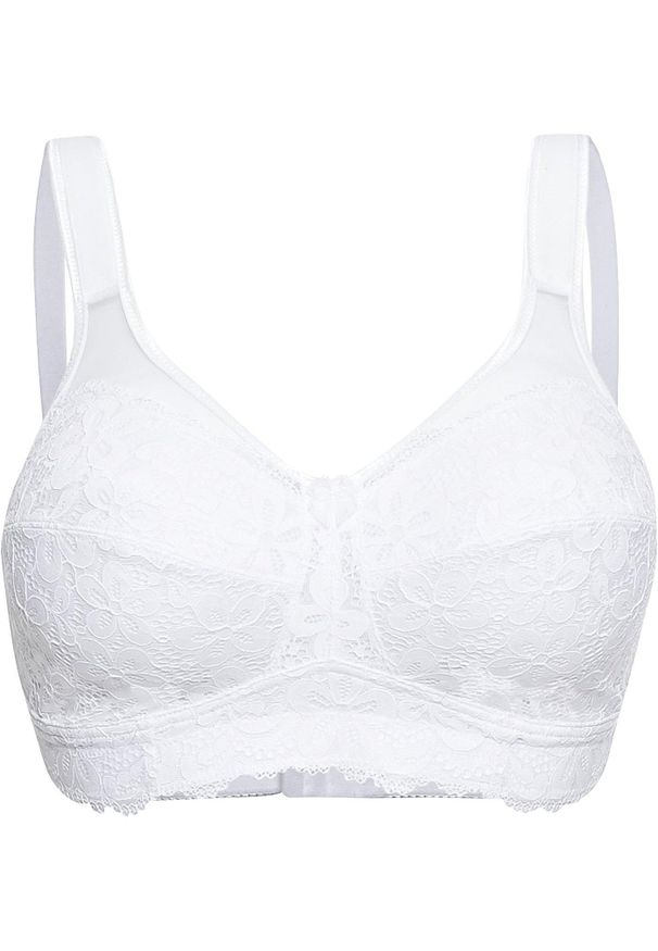 bonprix - Biustonosz odciążający bez fiszbinów z wyściełanymi ramiączkami. Kolor: biały. Materiał: koronka. Rodzaj stanika: wyściełane miseczki, różne sposoby noszenia