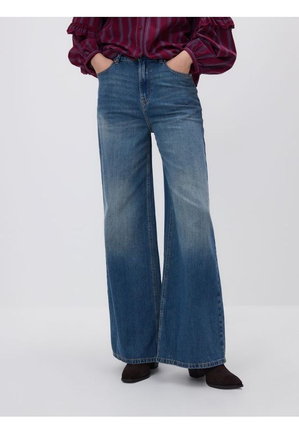 Reserved - Jeansy wide leg z przetarciami - indigo jeans