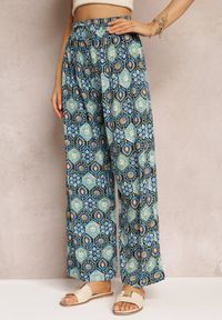 Renee - Granatowe Spodnie z Wiskozowej Tkaniny w Ornamentalny Wzór Sishall. Kolor: niebieski. Materiał: tkanina, wiskoza. Styl: boho