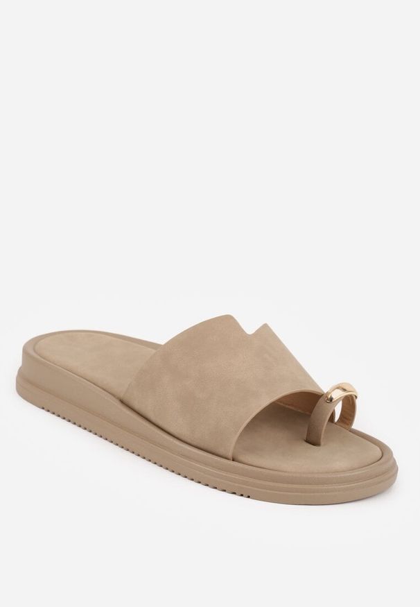 Renee - Ciemnobeżowe Klapki Japonki Ozdobione Aplikacją na Palcu Noevianna. Okazja: na spacer, na co dzień. Kolor: beżowy. Materiał: jeans. Wzór: aplikacja. Sezon: wiosna, lato. Styl: casual