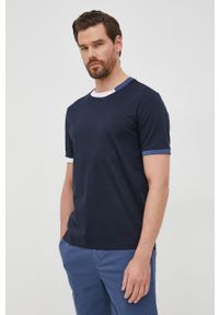 BOSS t-shirt bawełniany kolor granatowy gładki. Kolor: niebieski. Materiał: bawełna. Długość: długie. Wzór: gładki