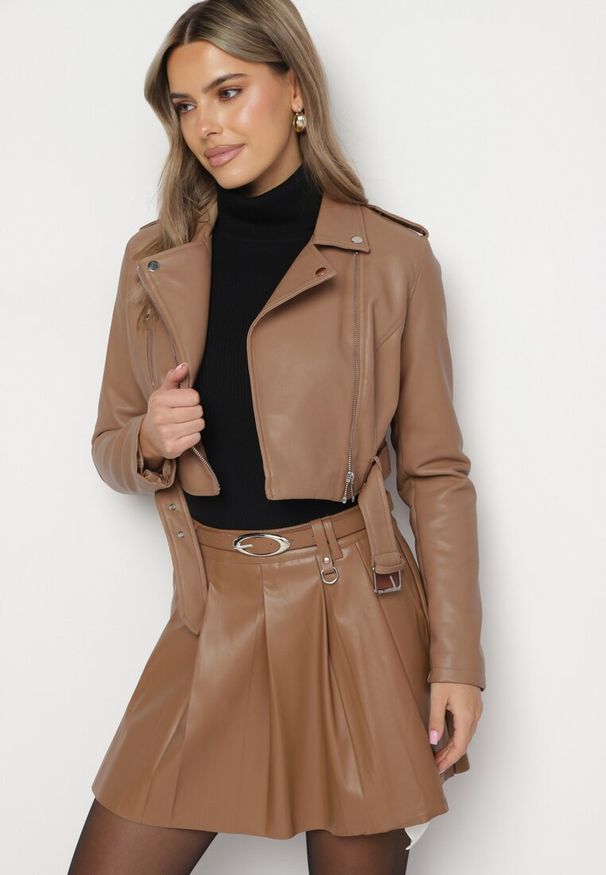 Born2be - Brązowa Spódnica z Imitacji Skóry z Paskiem Iririssa. Kolor: brązowy. Materiał: skóra. Wzór: aplikacja. Styl: elegancki, klasyczny, wizytowy