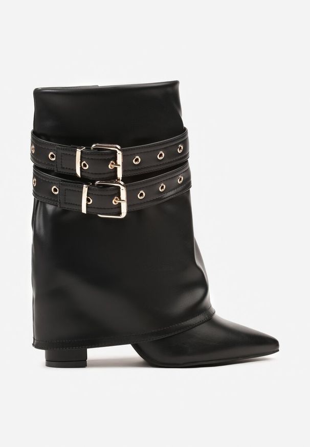 Born2be - Czarne Botki Typu Kowbojki na Obcasie z Wywiniętą Cholewką i Klamrami Cidvire. Okazja: na co dzień. Zapięcie: klamry. Kolor: czarny. Materiał: jeans. Szerokość cholewki: normalna. Obcas: na obcasie. Styl: klasyczny, casual, elegancki. Wysokość obcasa: średni