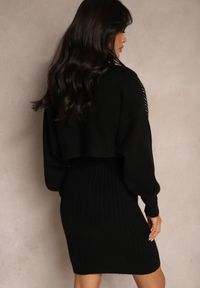 Renee - Czarny Komplet z Wiskozy Sweter Ozdobiony Cyrkoniami i Prążkowana Spódnica Emelessa. Kolor: czarny. Materiał: wiskoza, prążkowany. Wzór: aplikacja #5