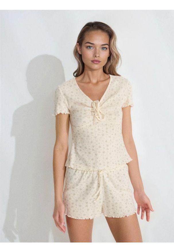 Sinsay - Bawełniana piżama dwuczęściowa - kremowy. Kolor: kremowy. Materiał: bawełna