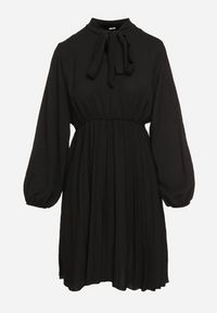 Born2be - Czarna Plisowana Sukienka z Ozdobnym Wiązaniem i Gumką w Talii Melondria. Okazja: na spotkanie biznesowe, na imprezę. Kolor: czarny. Długość rękawa: długi rękaw. Sezon: lato. Styl: biznesowy #6