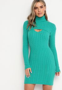 Born2be - Zielony 2-częściowy Komplet Dzianinowy z Sukienką i Krótkim Swetrem Okiuna. Kolor: zielony. Materiał: dzianina #3