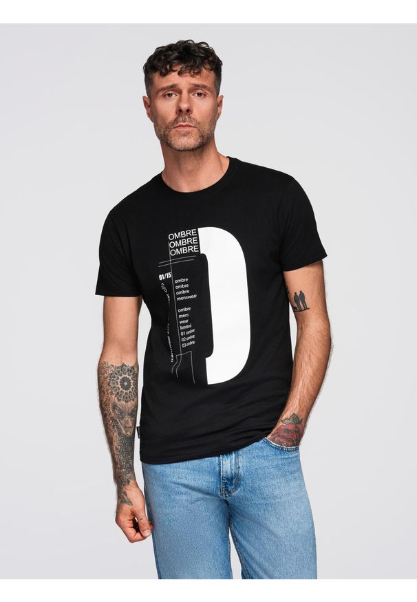 Ombre Clothing - Męska koszulka z dużym printem – czarna V3. Okazja: na co dzień. Kolor: czarny. Materiał: dzianina, bawełna, jeans. Wzór: nadruk. Styl: casual