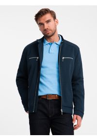 Ombre Clothing - Męska kurtka typu biker ze stójką i kieszeniami – granatowa V1 - Rozmiar: L. Okazja: na co dzień. Typ kołnierza: kołnierzyk stójkowy. Kolor: niebieski. Materiał: syntetyk, tkanina, poliester, materiał. Wzór: ze splotem. Styl: casual #9