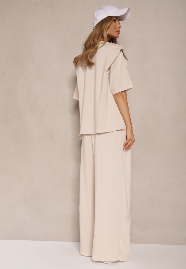 Renee - Jasnobeżowy Komplet z Wiskozą T-shirt z Dekoltem w Serek i Spodnie o Szerokim Kroju Zevline. Kolor: beżowy. Materiał: wiskoza
